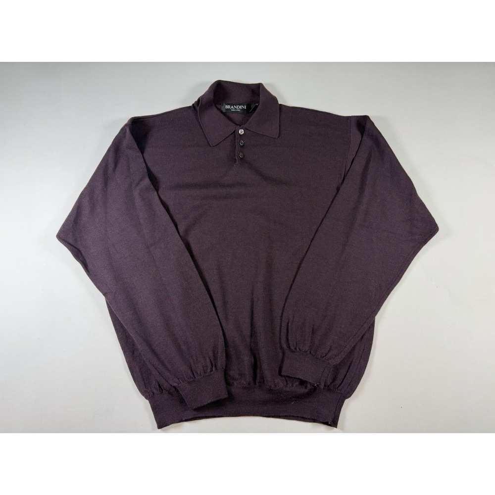 Brandini Mens Knit Polo Sweater XL Dark Purple Long Sleeve 100%Wool Made Italy